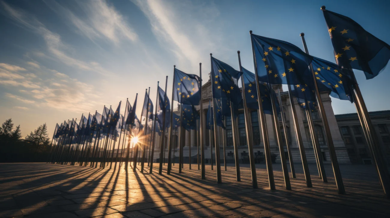 European union flags waving in the wind at sunset. generative ai