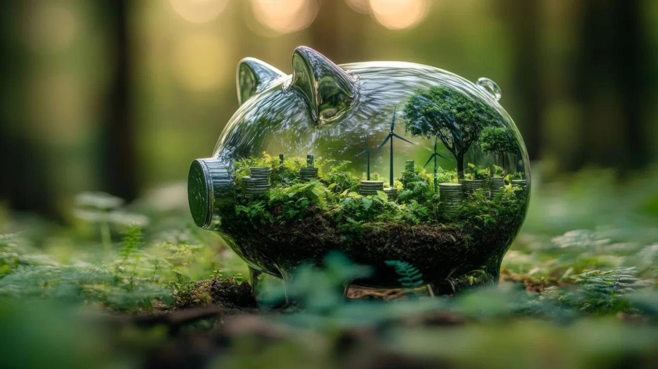Piggy bank symbolizes green energy and sustainability with forest backdrop showcasing renewable resources. generative ai