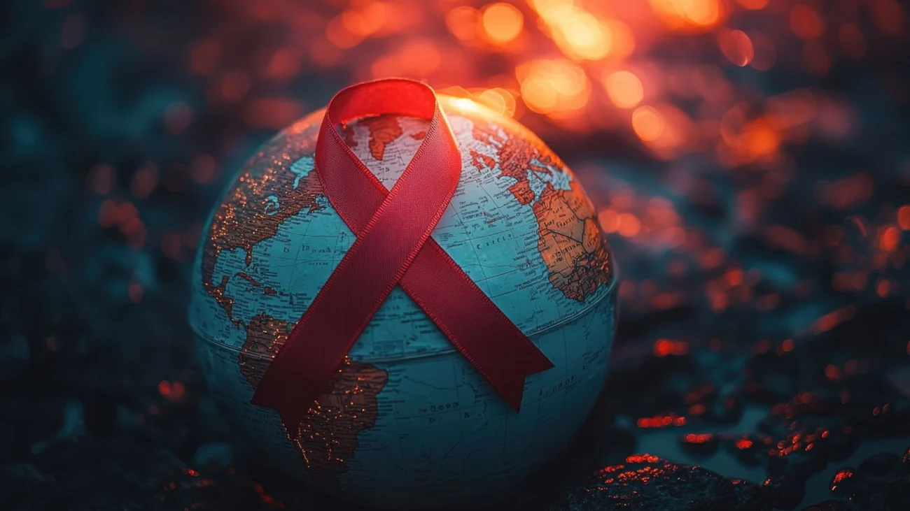 Globe with red ribbon on a dark background with fire. world aids day concept.