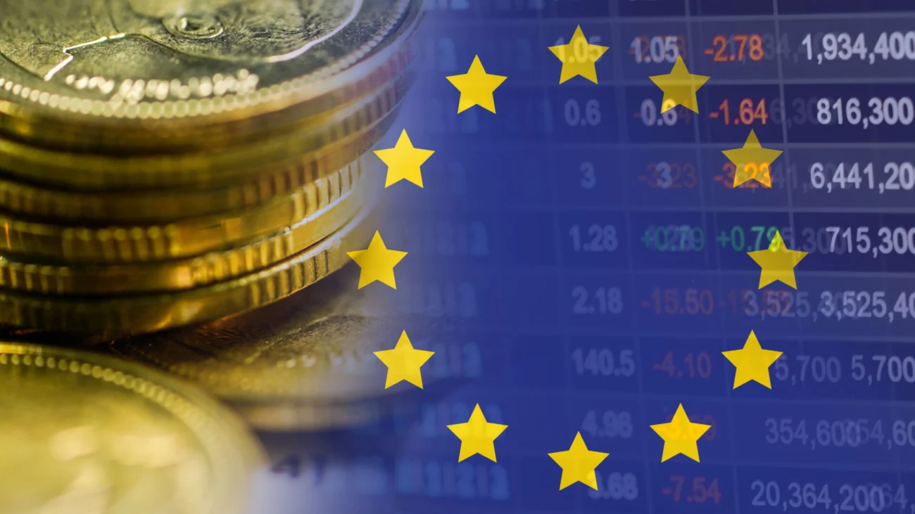 Stock market investment trading financial, coin and eu flag or f