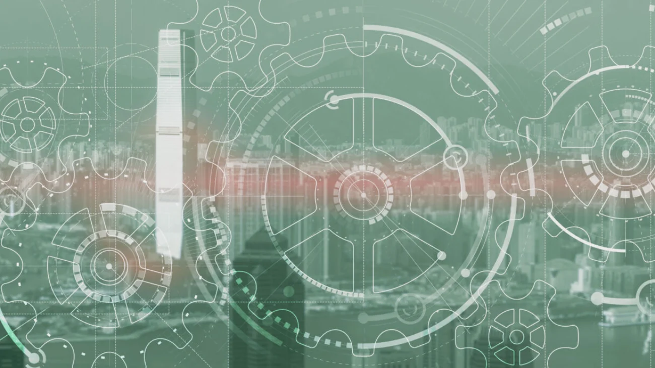 Business technology concept. cogwheel gears mechanism with modern city view. website panoramic header background.