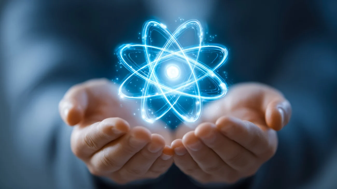 Vecteezy hands gently holding a glowing blue atom model symbolizing