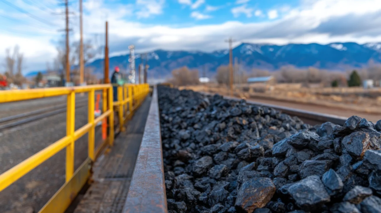 Bulk coal pile on railroad tracks with industrial scenery and mountain landscape
