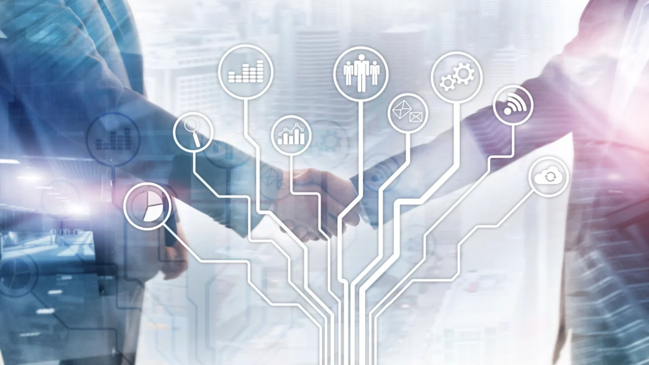 Business applications icons on blurred background. Financial and trading. Internet technology concept
