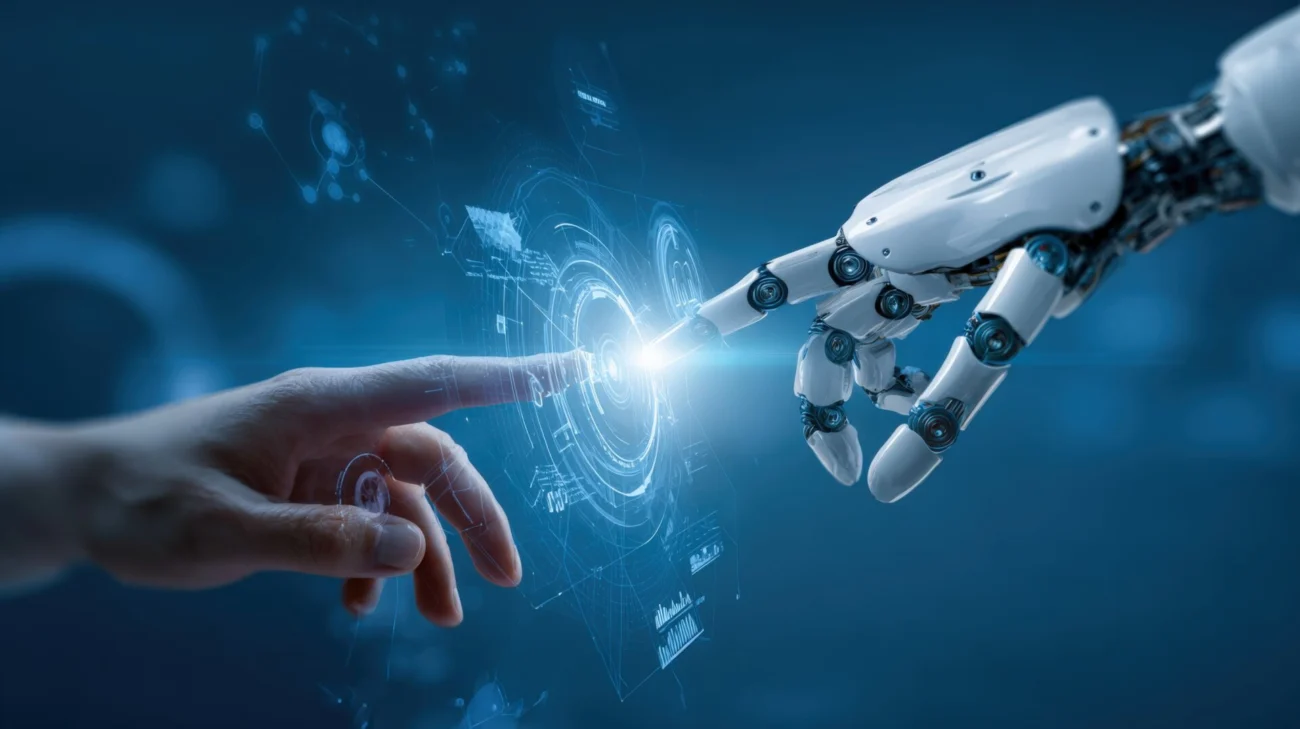 Vecteezy human and robot hand touching in a futuristic digital world